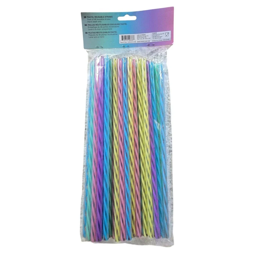 Kikkerland Reusable Straws Unisex 11in Pastel New 48 Pack Spiral Stripe Plastic